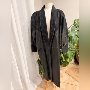 Vintage‎ Black Leather Long Coat Textured Shawl Collar 1X